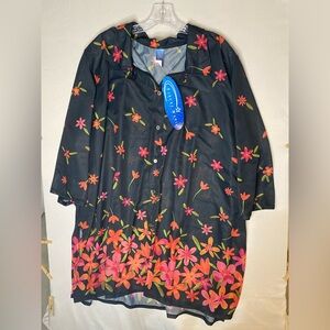 Floral Button Down Shirt - Black and Pink swim cover up